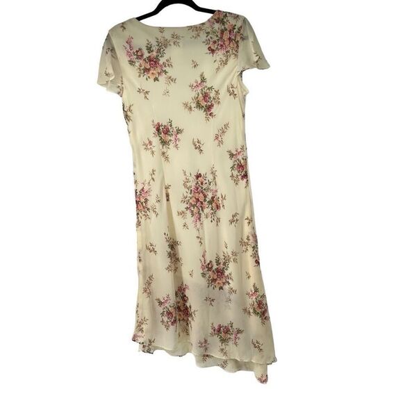 Vintage 90’s Pale Yellow‎ Pink Rose Print Flutter Sleeve Asymmetrical Hem Dress - Picture 2 of 7